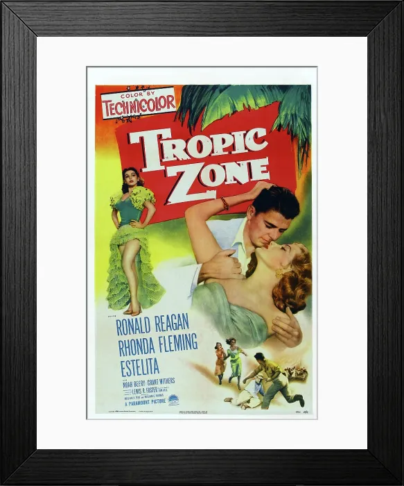 Framed Print : TROPIC ZONE, US poster, from left: Estelita Rodriguez, Ronald Reagan, Rhonda Fleming, 1953 Framed Print : TROPIC ZONE, US poster, from left: Estelita Rodriguez, Ronald Reagan, Rhonda Fleming, 1953