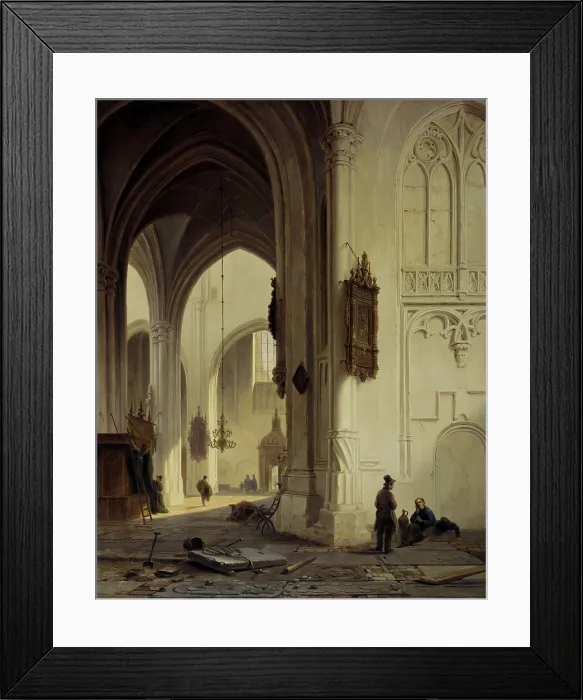 Framed Print : Church Interior, by Bartholomeus Johannes van Hove, 1844. Dutch painting, oil on panel. Two workers take a break from their work on a gravestone in the floor of the church