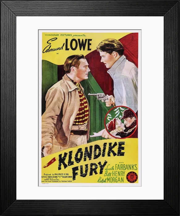 Framed Print : KLONDIKE FURY, US poster art, top from left: Edmund Lowe, William Henry (aka Bill Henry); inset from left: Lucile Fairbanks, Edmund Lowe, 1942