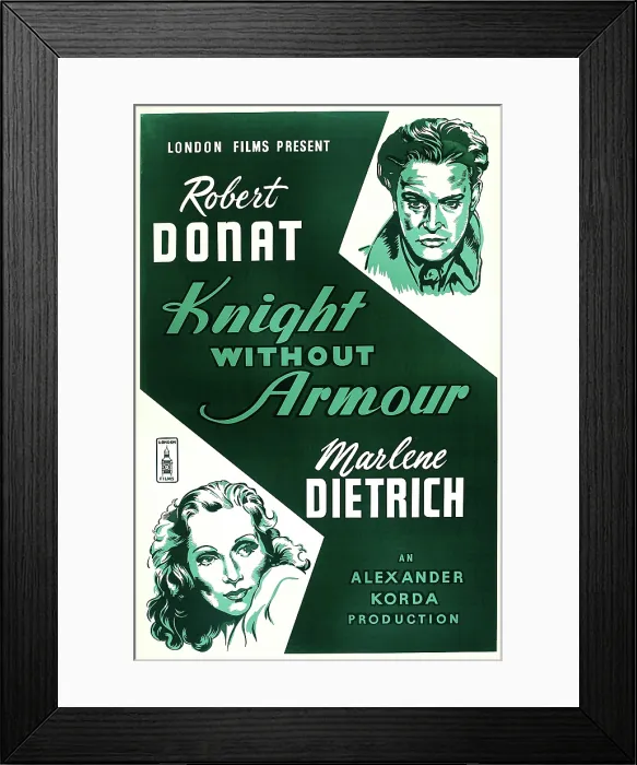 Framed Print : KNIGHT WITHOUT ARMOUR, (aka KNIGHT WITHOUT ARMOR), British poster art, from top: Robert Donat, Marlene Dietrich, 1937