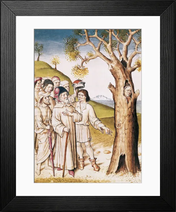 Framed Print : The Fables of Bidpai. Folio 36: A pursued man hids in a tree. German edition from 1480 after the Hindu original from 1348. Gothic art. Miniature Painting. FRANCE. Chantilly