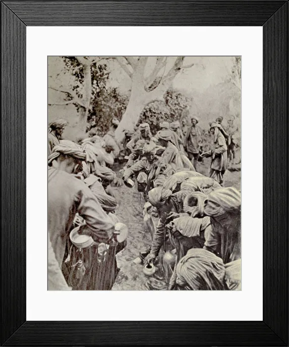 Framed Print : World War 1 in Africa. Indian Sepoys fought for the British in East Africa. Photo shows them crowding around a camp watering trough during the dry season of 1917 Framed Print : World War 1 in Africa. Indian Sepoys fought for the British in East Africa. Photo shows them crowding around a camp watering trough during the dry season of 1917