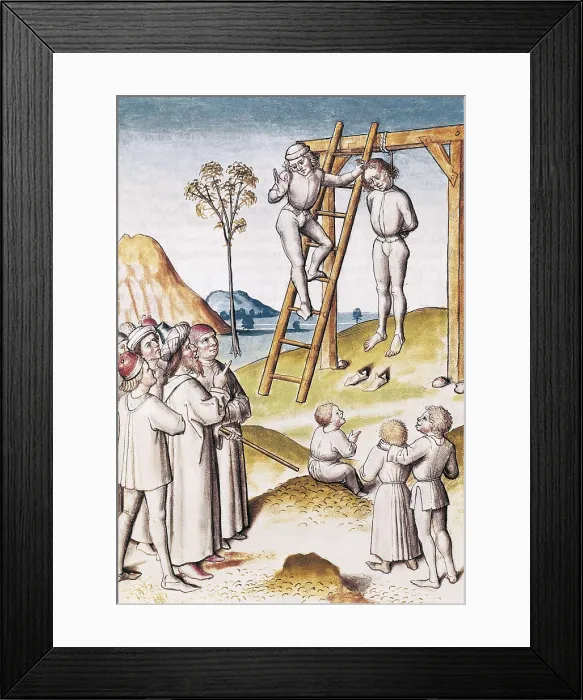 Framed Print : The Fables of Bidpai. Folio 117: The Hanged Man. German edition from 1480 after the Hindu original from 1348. Gothic art. Miniature Painting. FRANCE. Chantilly Framed Print : The Fables of Bidpai. Folio 117: The Hanged Man. German edition from 1480 after the Hindu original from 1348. Gothic art. Miniature Painting. FRANCE. Chantilly