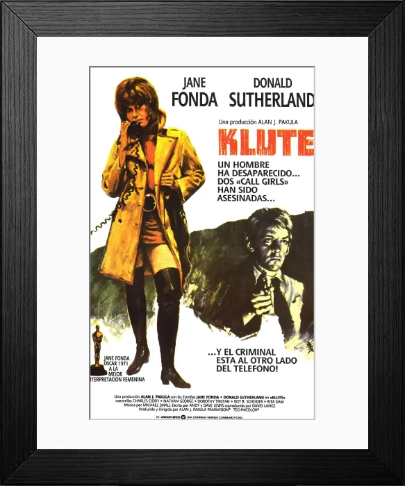Framed Print : KLUTE, l-r: Jane Fonda, Donald Sutherland on Spanish poster art, 1971 Framed Print : KLUTE, l-r: Jane Fonda, Donald Sutherland on Spanish poster art, 1971