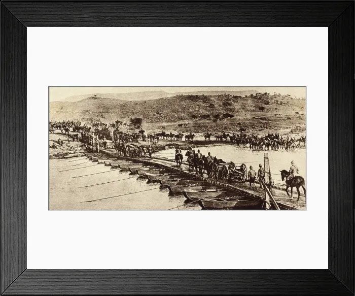 Framed Print : World War 1 in Africa. British Empire artillery crossing a pontoon bridge across a stream. At right the horses are watered before resuming the march in the African heat. Ca