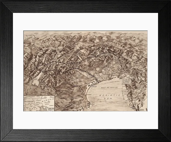 Framed Print : World War 1 on the Italian-Austrian front. Map shows battle fronts of the furthest Austrian advance into Italy gained by the Battle of Caporetto in Oct 1917