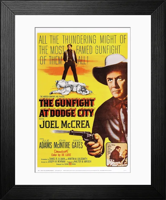 Framed Print : THE GUNFIGHT AT DODGE CITY, US poster art, Joel McCrea (top and right), 1959