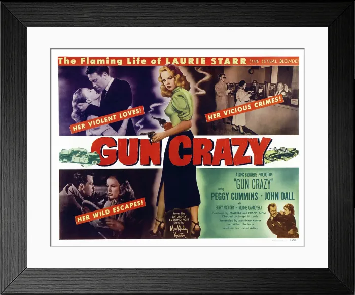 Framed Print : GUN CRAZY, (aka DEADLY IS THE FEMALE), US poster art, center and in collage: Peggy Cummins, 1950 Framed Print : GUN CRAZY, (aka DEADLY IS THE FEMALE), US poster art, center and in collage: Peggy Cummins, 1950