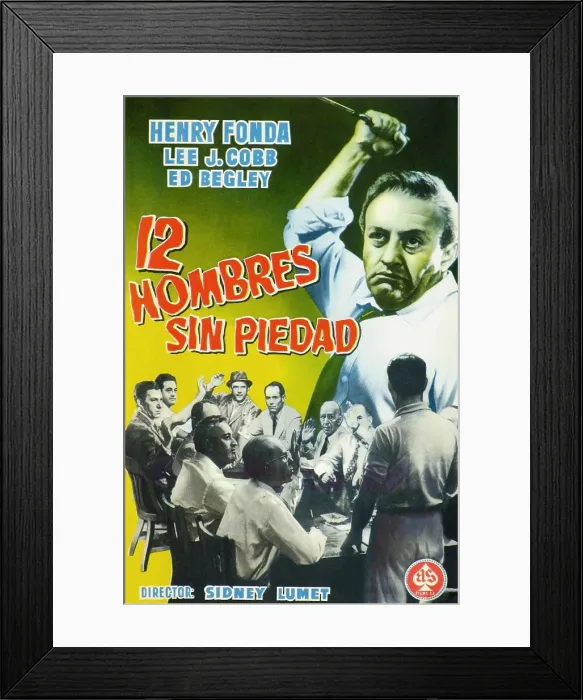 Framed Print : 12 ANGRY MEN, (aka TWELVE ANGRY MEN, aka 12 HOMBRES SIN PIEDAD), top: Lee J. Cobb, bottom second from left: Jack Klugman, bottom center: Henry Fonda on Spanish poster art, 1957