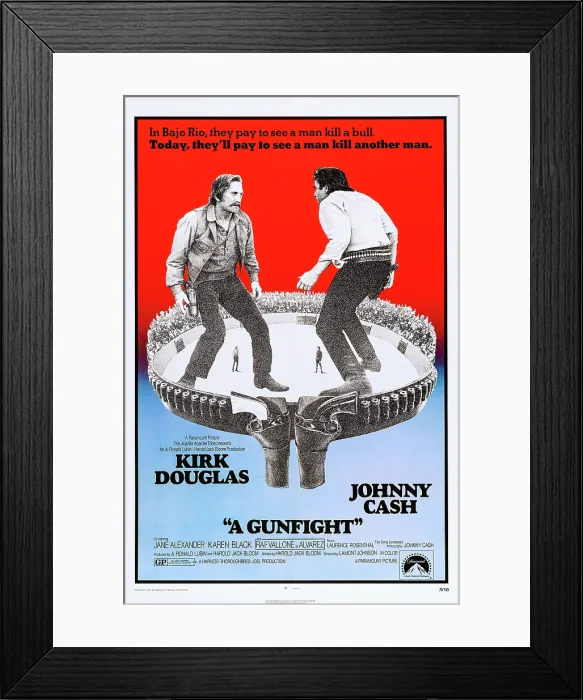 Framed Print : A GUNFIGHT, from left: Kirk Douglas, Johnny Cash, 1971