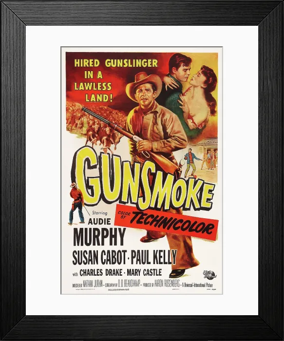 Framed Print : GUNSMOKE, USposter art, top from left: Audie Murphy, Susan Cabot, center: Audie Murphy, 1953