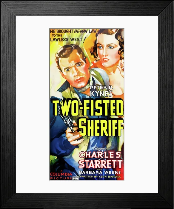 Framed Print : TWO-FISTED SHERIFF, l-r: Charles Starrett, Barbara Weeks on poster art, 1937 Framed Print : TWO-FISTED SHERIFF, l-r: Charles Starrett, Barbara Weeks on poster art, 1937