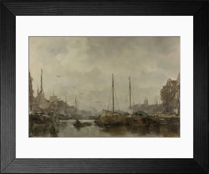 Framed Print : Cityscape, by Jacob Maris, c. 1885-87, Dutch painting, oil on canvas. View of the port of a Dutch city with boats moored to the quays, gulls above the water, and grey clouds Framed Print : Cityscape, by Jacob Maris, c. 1885-87, Dutch painting, oil on canvas. View of the port of a Dutch city with boats moored to the quays, gulls above the water, and grey clouds