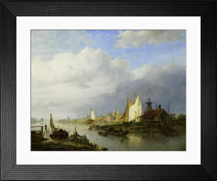 Framed Print : Boats on a River with a Beacon of Light, by Hendrik Vettewinkel, 1847, Dutch painting,  oil on panel (BSLOC_2016_1_97)