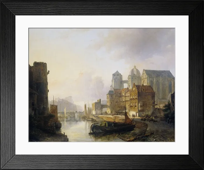 Framed Print : Imaginary View of a Riverside Town with Aachen Cathedral, by Kasparus Karsen, 1846. Dutch painting, oil on panel