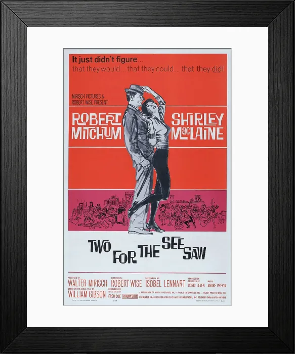 Framed Print : TWO FOR THE SEESAW, US poster art, from left: Robert Mitchum, Shirley MacLaine, 1962