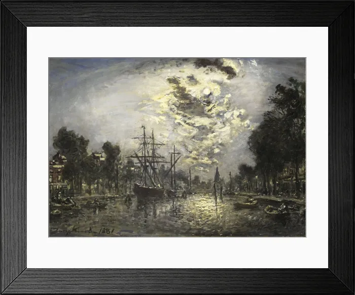 Framed Print : Rotterdam Moonlight, by Johan Barthold Jongkind, 1881, Impressionist Dutch Painting, oil on canvas. Canal in Rotterdam as the moon breaks through the clouds