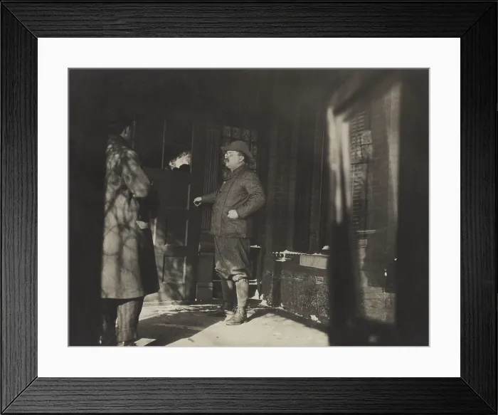 Framed Print : Former President Theodore Roosevelt on March 16, 1909, talking to a man on the porch of his home Framed Print : Former President Theodore Roosevelt on March 16, 1909, talking to a man on the porch of his home