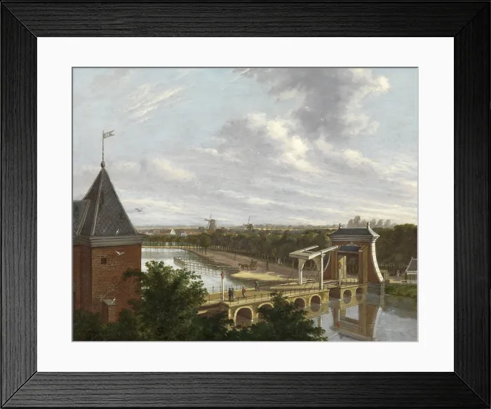 Framed Print : The Amsterdam Outer Canal near the Leidsepoort Seen from the Theatre, by Johannes Jelgerhuis, 1813. Dutch painting, oil on panel. At left is the tower of the Leidsepoort