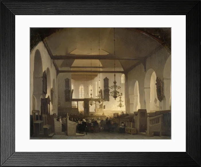 Framed Print : A Service in the Geertekerk, Utrecht, by Johannes Bosboom, 1852, Dutch painting, oil on canvas. Parishioners are wearing 17th century clothing Framed Print : A Service in the Geertekerk, Utrecht, by Johannes Bosboom, 1852, Dutch painting, oil on canvas. Parishioners are wearing 17th century clothing