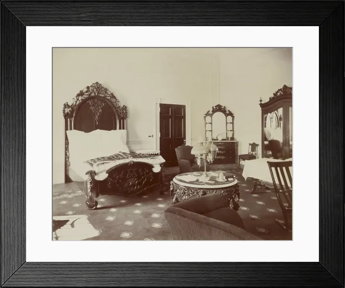 Framed Print : President Theodore Roosevelt room in the White House, in 1902. The interior is minimally decorated with dark carved wood furnishings (BSLOC_2017_6_77) Framed Print : President Theodore Roosevelt room in the White House, in 1902. The interior is minimally decorated with dark carved wood furnishings (BSLOC_2017_6_77)