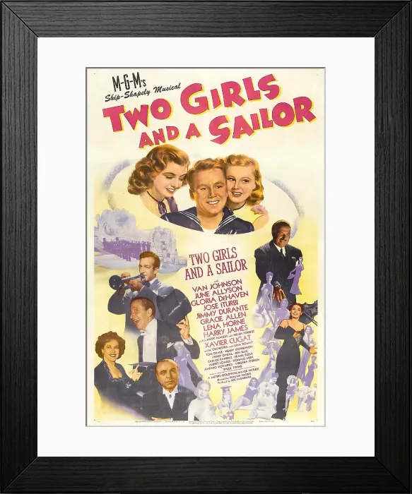 Framed Print : TWO GIRLS AND A SAILOR, US poster, top from left: Gloria DeHaven, Van Johnson, June Allyson, left from top: Harry James, Jimmy Durante, Gracie Allen, Jose Iturbi