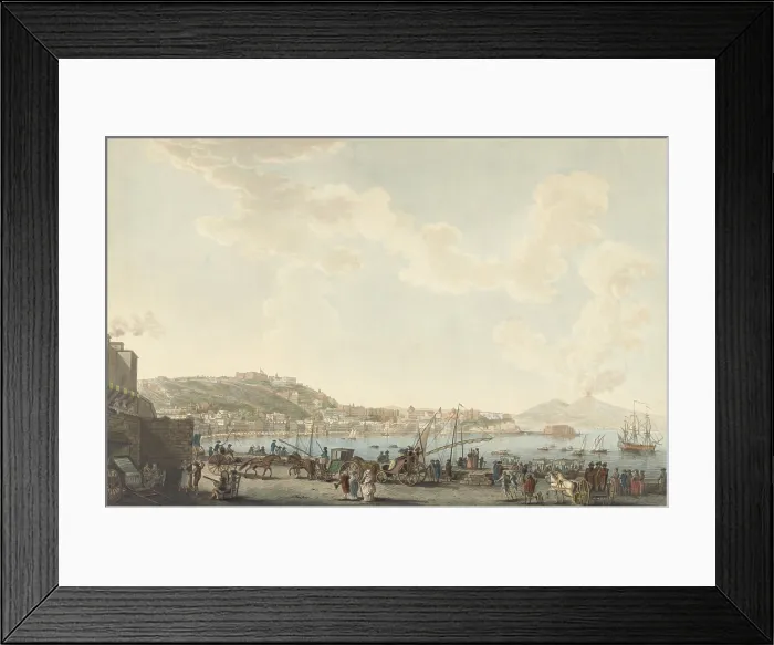 Framed Print : View of the Port of Naples from Posillipo, by Cornelis Apostool, c. 1780-1800, color etching. Wharf is crowded with people and carriages. In distance Mount Vesuvius erupts Framed Print : View of the Port of Naples from Posillipo, by Cornelis Apostool, c. 1780-1800, color etching. Wharf is crowded with people and carriages. In distance Mount Vesuvius erupts
