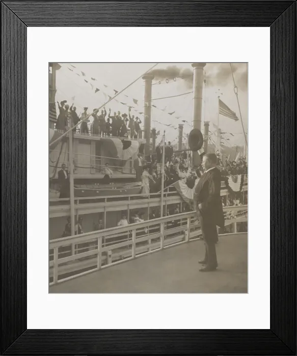 Framed Print : Theodore Roosevelt waving to passengers on another ship, from the deck of the SS Mississippi. Saint Louis, Missouri, Oct. 2, 1907
