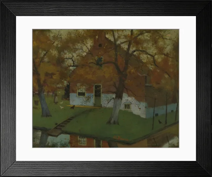 Framed Print : Farm in the Province of North Holland, c. 1890-99, Post-impressionist painting, by Eduard Karsen. The Dutch farmhouse is bordered on two sides by water filled ditches
