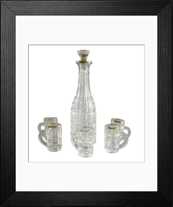 Framed Print : Liquor bottle and five handled glasses (19th c.). Made in the Real Fbrica de Vidrio de La Granja. Glass and Crystal. SPAIN. Madrid. National Museum of Decorative Arts