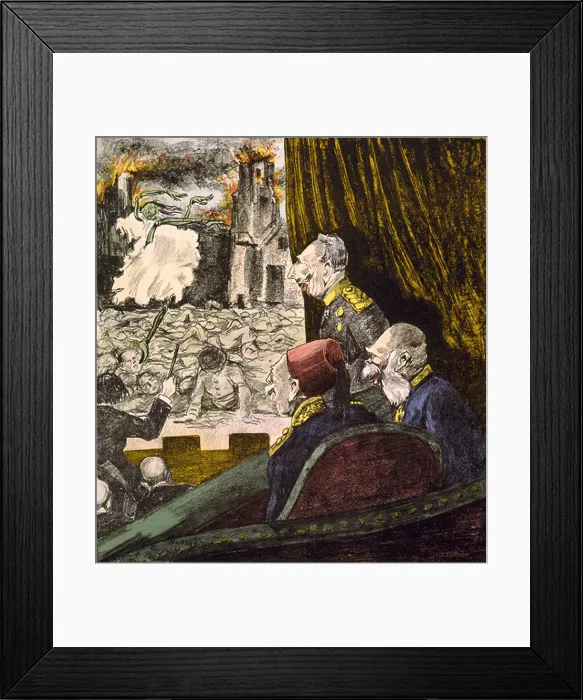 Framed Print : World War 1 political cartoon. Les vieux abonnés (The Old Spectators) by DOstoya, 1916