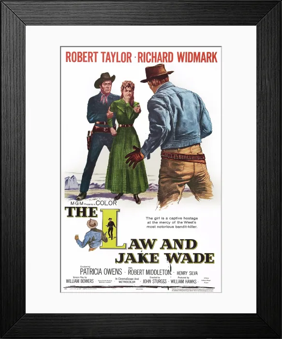 Framed Print : THE LAW AND JAKE WADE, poster art, l-r: Robert Taylor, Patricia Owens, Richard Widmark, 1958