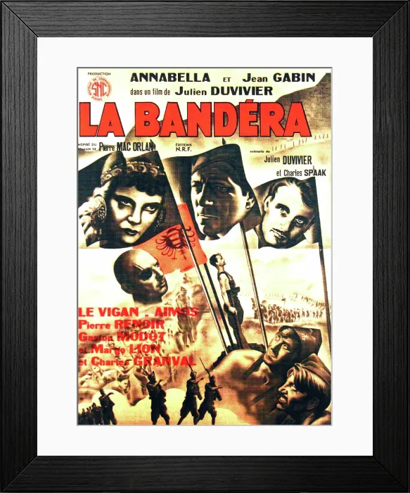 Framed Print : LA BANDERA, (aka ESCAPE FROM YESTERDAY), French poster art; flags from left: Annabella, Jean Gabin, Robert Le Vigan; eyepatch: Pierre Renoir; bottom right in caps: Raymond Aimos Framed Print : LA BANDERA, (aka ESCAPE FROM YESTERDAY), French poster art; flags from left: Annabella, Jean Gabin, Robert Le Vigan; eyepatch: Pierre Renoir; bottom right in caps: Raymond Aimos