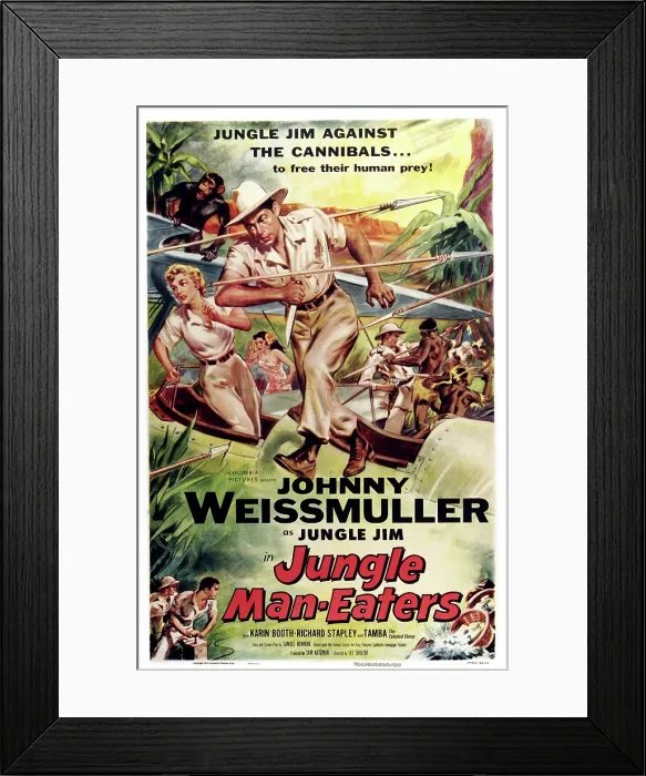 Framed Print : JUNGLE MAN-EATERS, US poster art, center: Johnny Weissmuller, 1954 Framed Print : JUNGLE MAN-EATERS, US poster art, center: Johnny Weissmuller, 1954