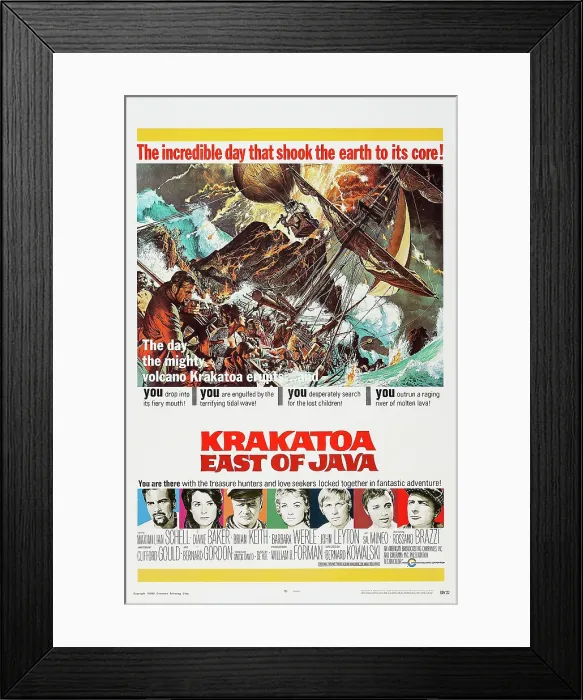 Framed Print : KRAKATOA, EAST OF JAVA, US poster art, bottom, from left: Maximillian Schell, Diane Baker, Brian Keith, Barbara Werle, John Leyton, Sal Mineo, Rossano Brazzi, 1969 Framed Print : KRAKATOA, EAST OF JAVA, US poster art, bottom, from left: Maximillian Schell, Diane Baker, Brian Keith, Barbara Werle, John Leyton, Sal Mineo, Rossano Brazzi, 1969