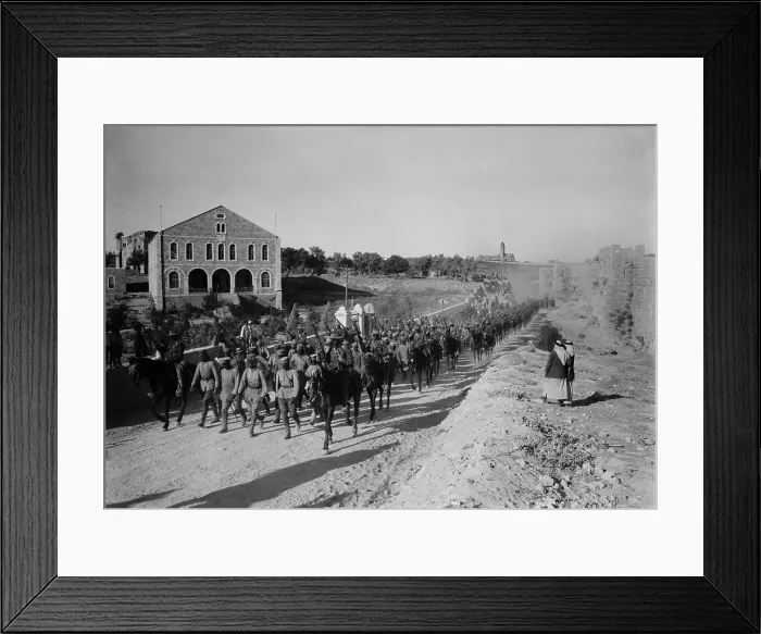 Framed Print : World War 1 in the Middle East. Australian cavalry guard German officers heading a line of 600 prisoners captured in the Battle of Jericho, Feb. 19-21, 1918. (BSLOC_2013_1_73) Framed Print : World War 1 in the Middle East. Australian cavalry guard German officers heading a line of 600 prisoners captured in the Battle of Jericho, Feb. 19-21, 1918. (BSLOC_2013_1_73)