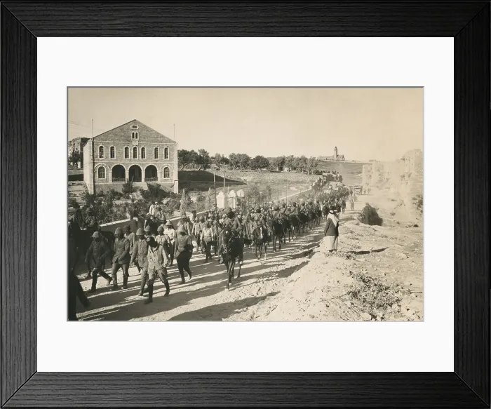 Framed Print : World War 1 in the Middle East. British Empire Indian Lancers guard Turkish officers and men captured in the Battle of Jericho, Feb. 19-21, 1918. (BSLOC_2013_1_74)