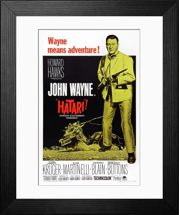 Framed Print : HATARI!, bottom left: John Wayne on 1967 reissue poster, 1962 Framed Print : HATARI!, bottom left: John Wayne on 1967 reissue poster, 1962