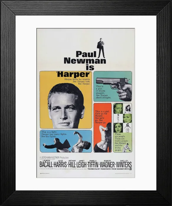 Framed Print : HARPER, US poster art, left: Paul Newman, right from top: Lauren Bacall, Janet Leigh, 1966