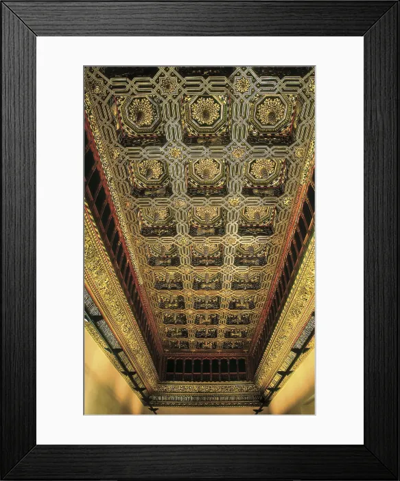 Framed Print : Aljaferia Palace. 11th c. SPAIN. Zaragoza. La Aljaferia Palace. Coffered cieling of the Throne Hall. Hispano-Moresque art. Taifas Kingdoms period. Architecture