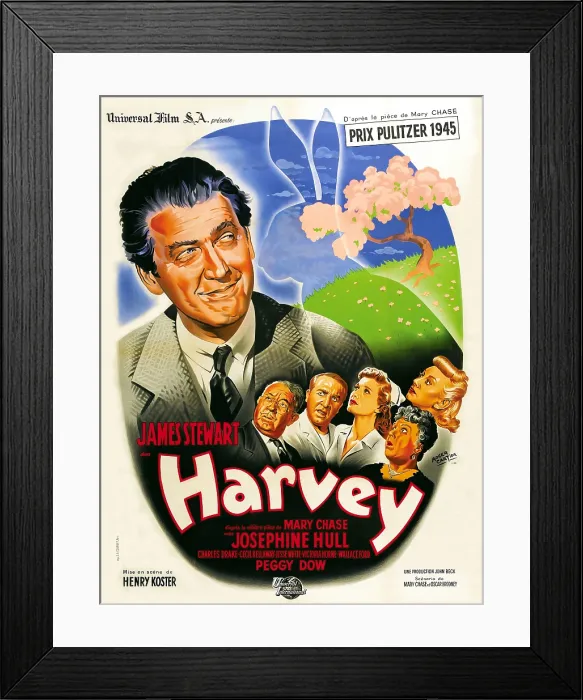 Framed Print : HARVEY, from top left: James Stewart, Cecil Kellaway, Jesse White, Peggy Dow, Josephine Hull, Victoria Horne on French poster art, 1950 Framed Print : HARVEY, from top left: James Stewart, Cecil Kellaway, Jesse White, Peggy Dow, Josephine Hull, Victoria Horne on French poster art, 1950