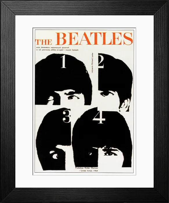 Framed Print : A HARD DAY'S NIGHT, The Beatles-clockwise from top left: John Lennon, George Harrison, Ringo Starr, Paul McCartney on Polish poster art, 1964