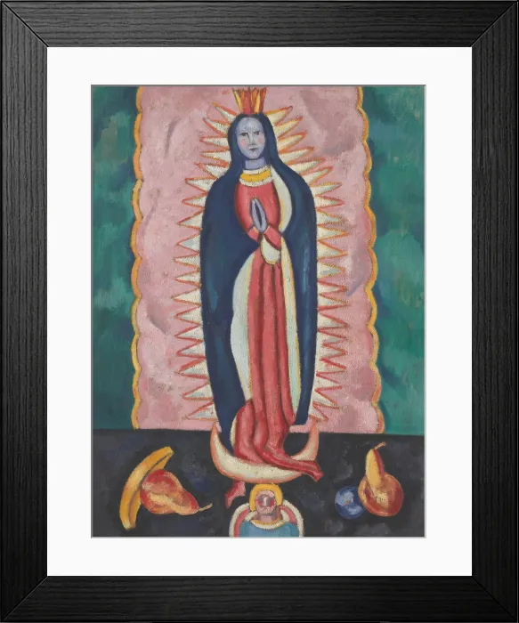 Framed Print : THE VIRGIN OF GUADALUPE, by Marsden Hartley, 1918-19, American painting, oil, charcoal on paperboard. The painting depicts a bulto, a small carved and painted religious statue