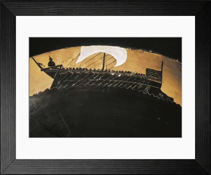 Framed Print : Attic black-figured cup. 5th c. BC. Depiction of a galley. Classical Greek art. Ceramics. FRANCE. Paris. National Library. AISA / Everett Collection**US SALES ONLY**