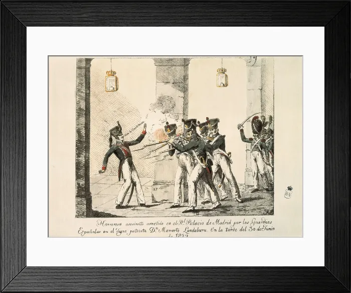 Framed Print : Spain. Liberal Triennium (1822). Murder of Mamerto Landburu at the Royal Palace of Madrid (30th June). Litography. SPAIN. Madrid. Municipal Museum