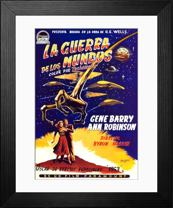 Framed Print : THE WAR OF THE WORLDS, bottom, left to right: Ann Robinson, Gene Barry on re-issue Spanish poster art, 1953