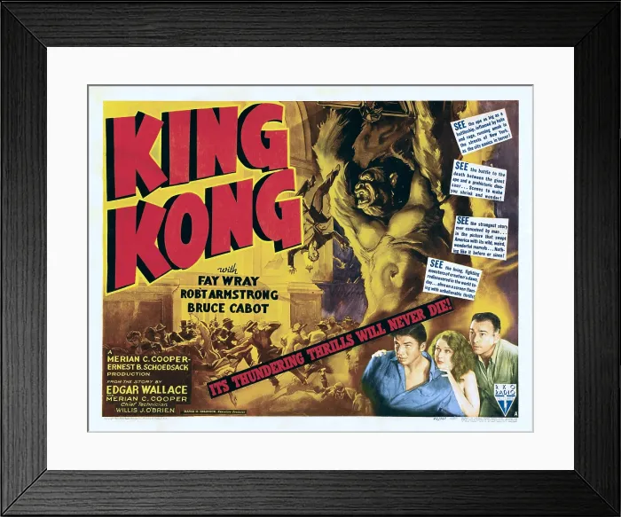 Framed Print : KING KONG, right top: King Kong, bottom right from left: Bruce Cabot, Fay Wray, Robert Armstrong on 1942 poster art, 1933 Framed Print : KING KONG, right top: King Kong, bottom right from left: Bruce Cabot, Fay Wray, Robert Armstrong on 1942 poster art, 1933