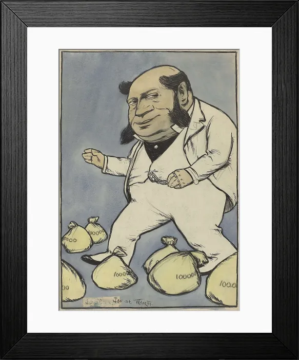 Framed Print : Capitalist, by Jan de Waardt, 1880-99, Dutch watercolor painting, pen & ink drawing. Caricature of a capitalist with a thick, large head, and rings on the fingers