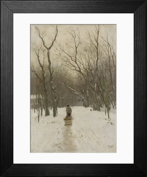 Framed Print : Winter in the Scheveningse Bushes, Anton Mauve, 1870-88. Dutch painting, oil on canvas. Man pushes a sled loaded with firewood on a snowy forest trail (BSLOC_2016_2_11)