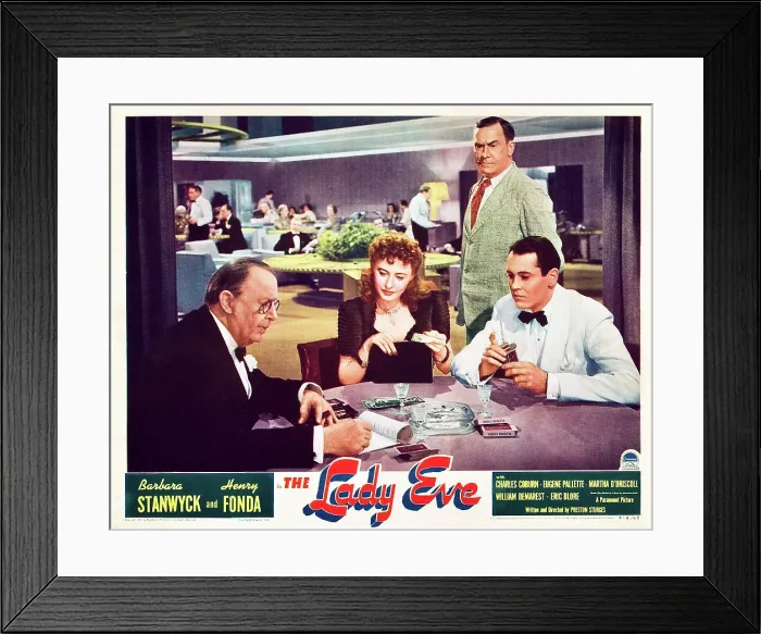 Framed Print : THE LADY EVE, US lobbycard, front from left: Charles Coburn, Barbara Stanwyck, Henry Fonda; back: William Demarest, 1941